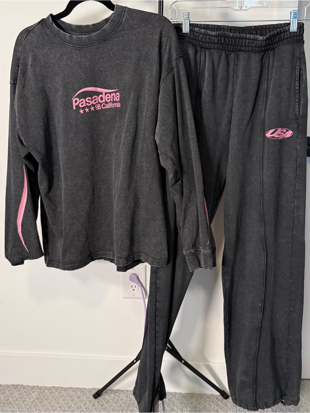 Zara Washed Effect Dark Grey Track Pants & Sweatshirt Set with Pink Logo